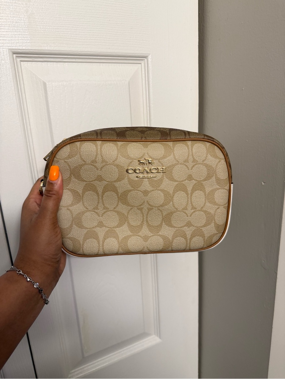 Coach Beige Signature Canvas Cosmetic Pouch with Tan Trim